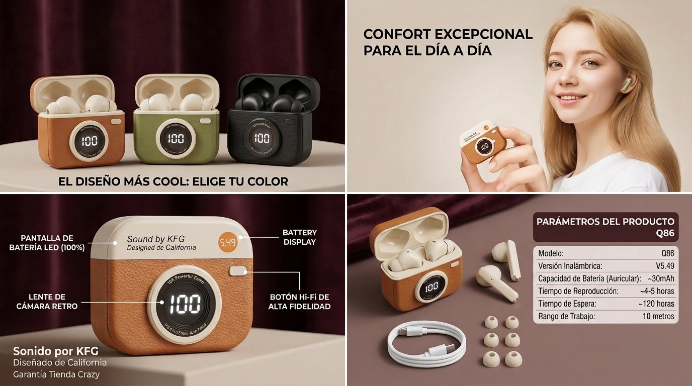 Audífonos TWS KFG Q86 diseño retro cámara en 3 colores