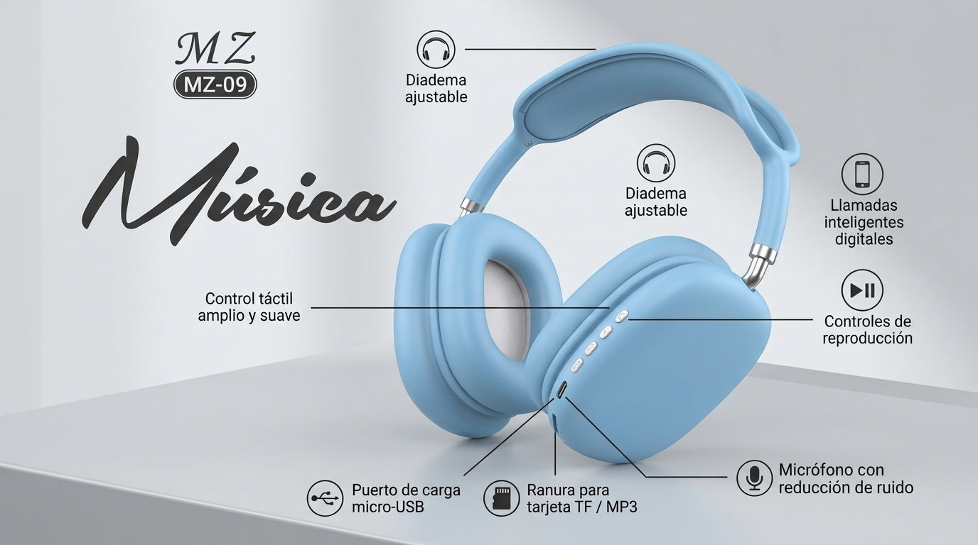 Audífono Inalámbrico MZ-09 azul con control táctil